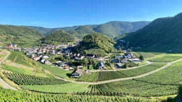 Blick über Weinberge zum Etzhardt-Hügel und nach Mayschoß auf dem Rotweinwanderweg im Ahrtal