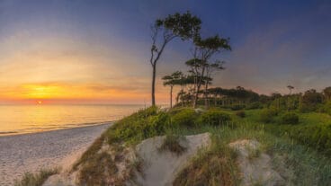 Ein Strand und Wald mit einem Sonnenuntergang über der Ostsee bei Fischland-Daß-Zingst