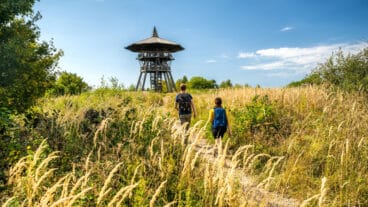 Zwei Wanderer gehen auf den Eggeturm auf dem Preußischen Velmerstot zu